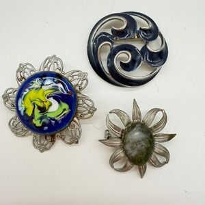 Vintage Brooch Lot Enamel Swirl Art Glass Floral Statement Pins 3pc